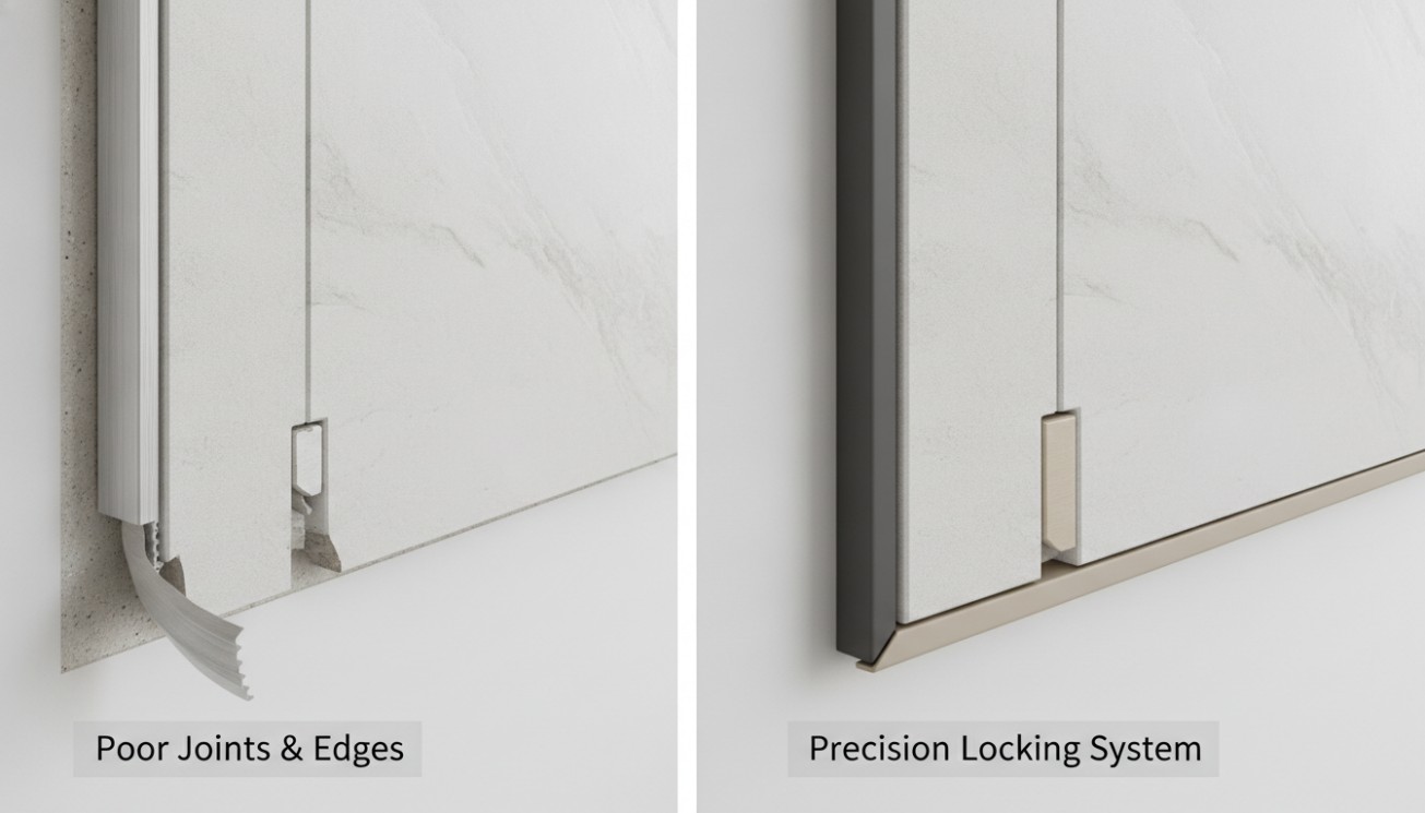 SPC wall panel locking edge system compared with poor joints and weak edges for better installation quality